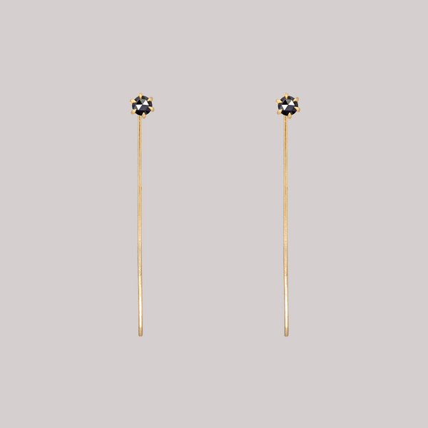 Delicate black round rose cut diamond threader pins, feature a six claw prong setting, using 14k or 18k gold.