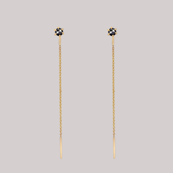 Delicate black round rose cut diamond threaders, ideal for threading through multiple piercings, feature a six claw prong setting, using 14k or 18k gold.