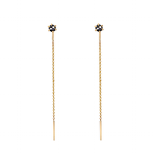 Delicate black round rose cut diamond threaders, ideal for threading through multiple piercings, feature a six claw prong setting, using 14k or 18k yellow gold.