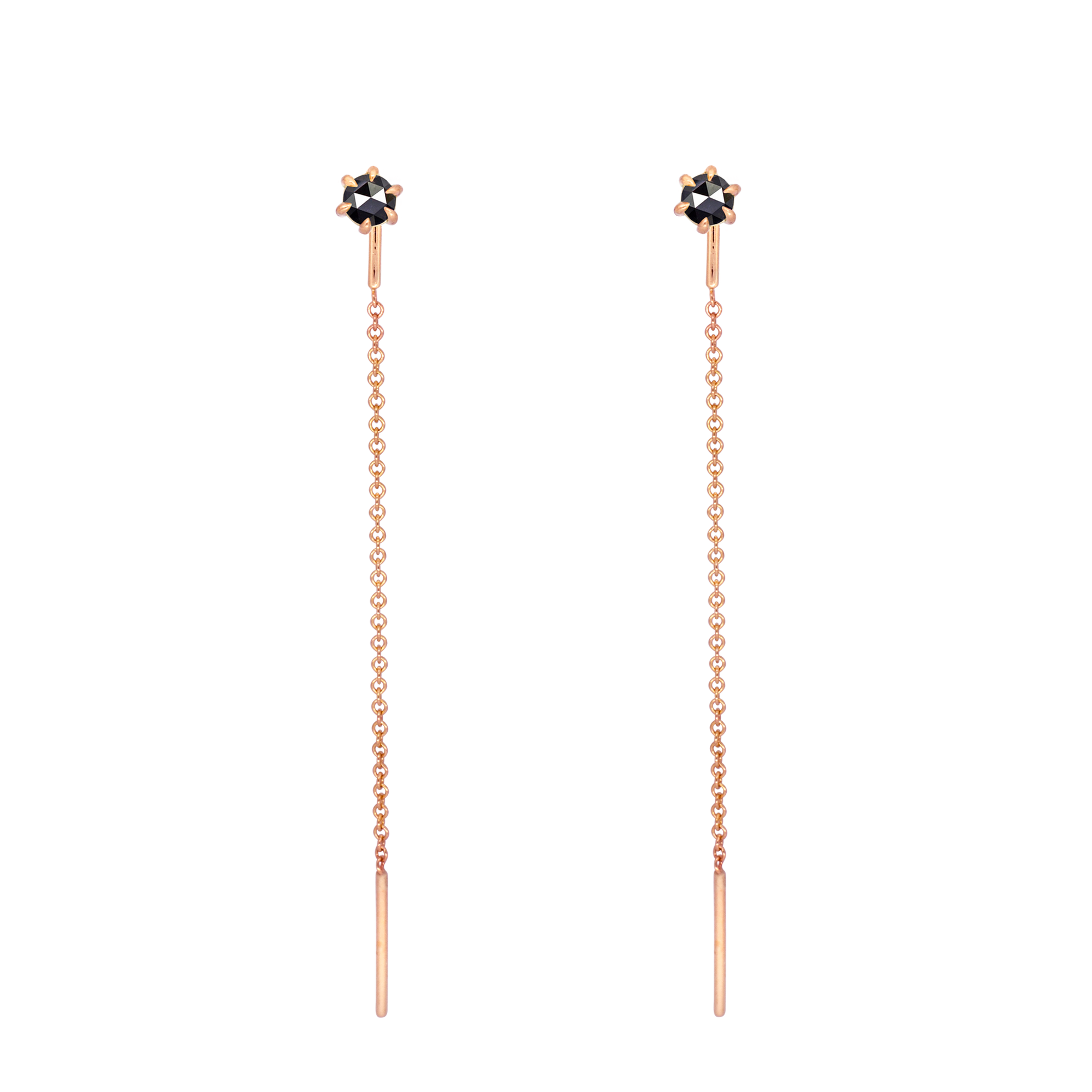 Delicate black round rose cut diamond threaders, ideal for threading through multiple piercings, feature a six claw prong setting, using 14k or 18k rose gold.
