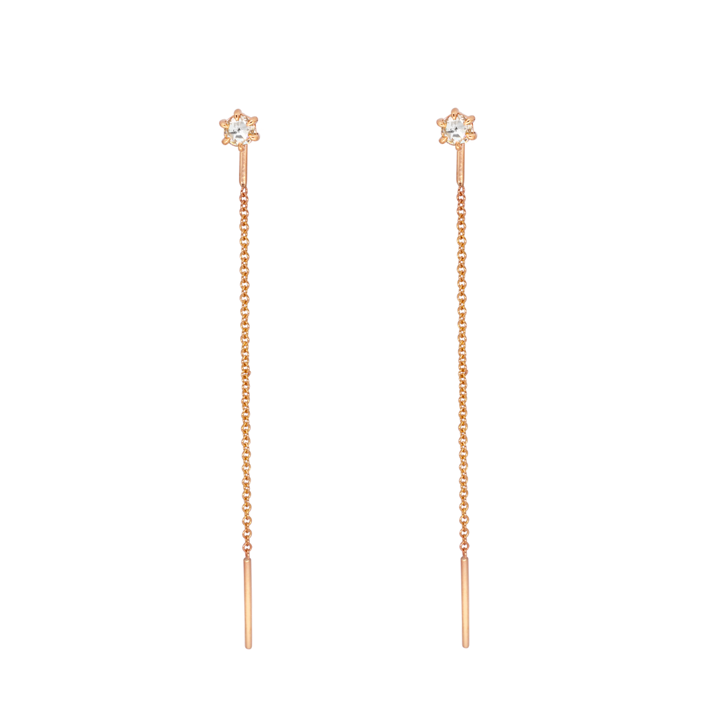 Delicate round rose cut diamond threaders, ideal for threading through multiple piercings, feature a six claw prong setting, using 14K or 18K gold.