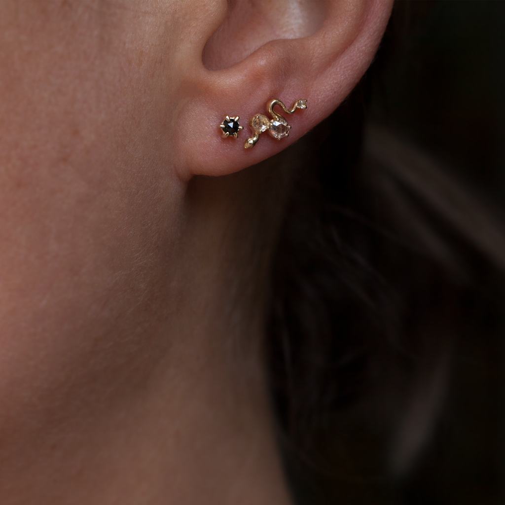 Round rose cut black diamond earring studs, with claw setting, made in 14k yellow gold.