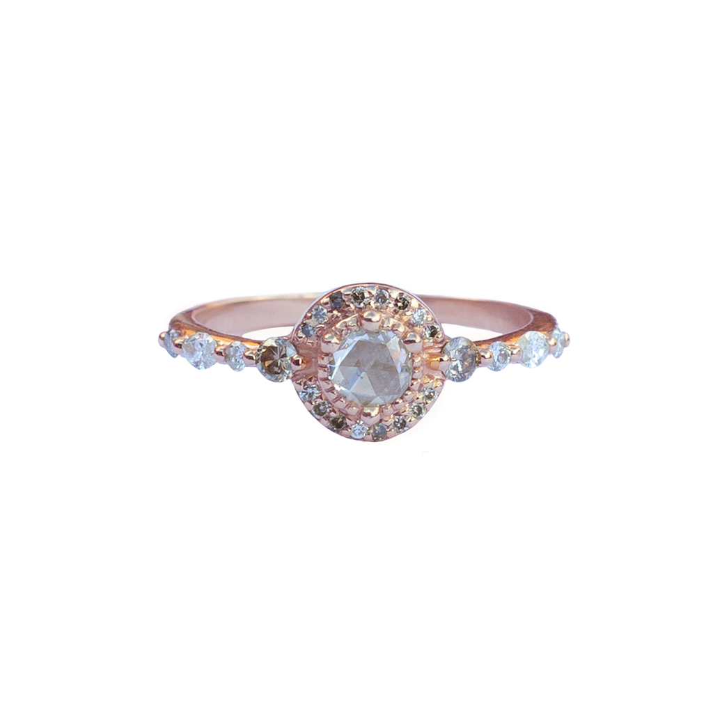 Unique round rose cut diamond engagement ring with champagne diamond halo, on a marquise and round diamond band, made in 14k or 18K gold.