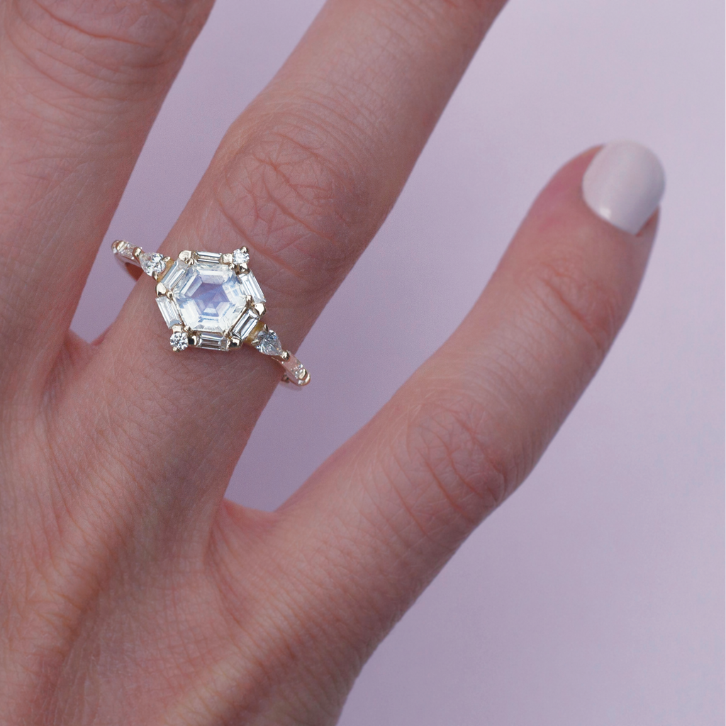 Hexagon moonstone 2025 engagement ring