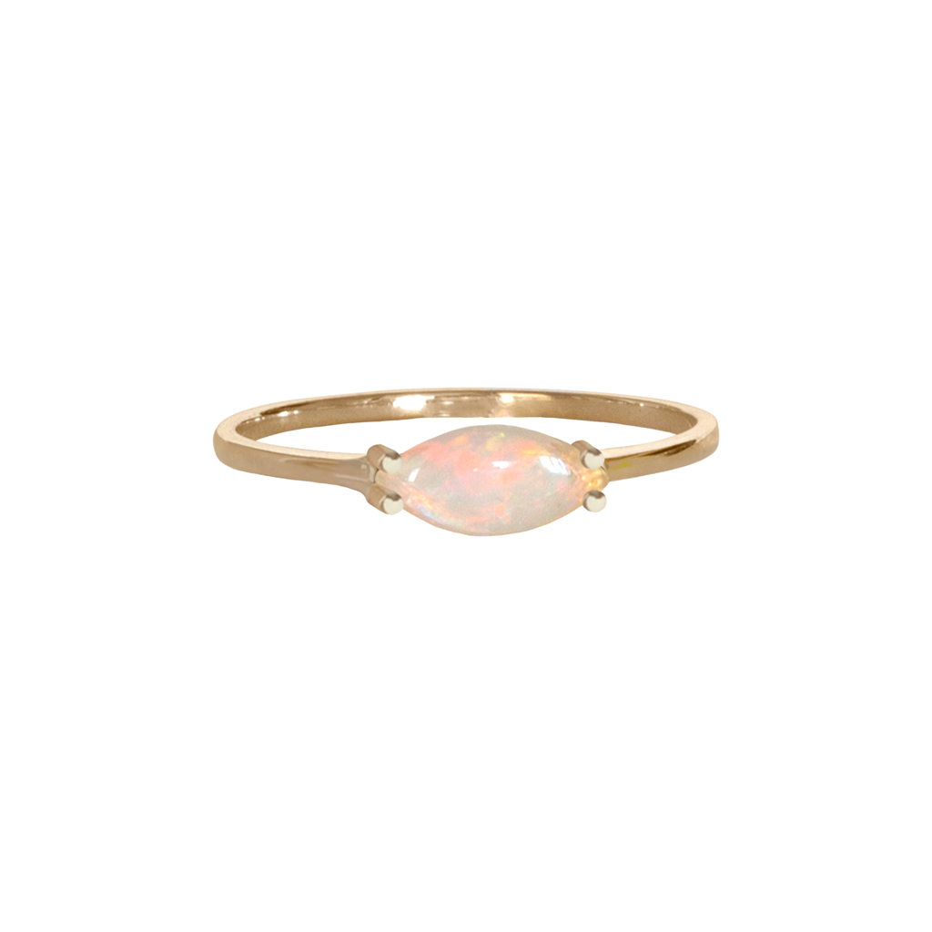 Delicate east west opal marquise everyday ring, made in 14k or 18k yellow gold.
