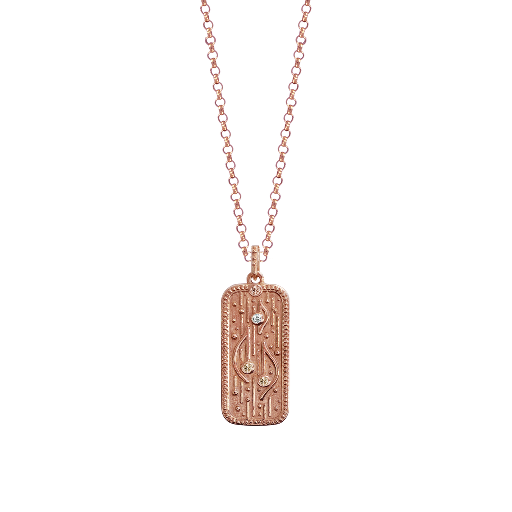 Dainty rectangle pendant charm, sound of creation, featuring delicate waves with sacred light code, encrusted with the tiniest of white and champagne diamonds, made in 14K or 18K rose gold.