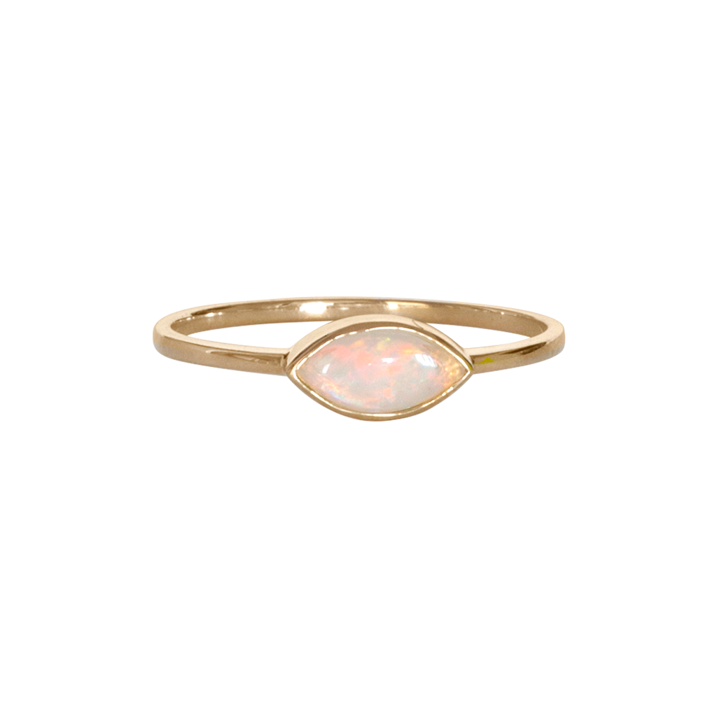 Delicate east west opal marquise everyday ring, made in 14k or 18k yellow gold. 