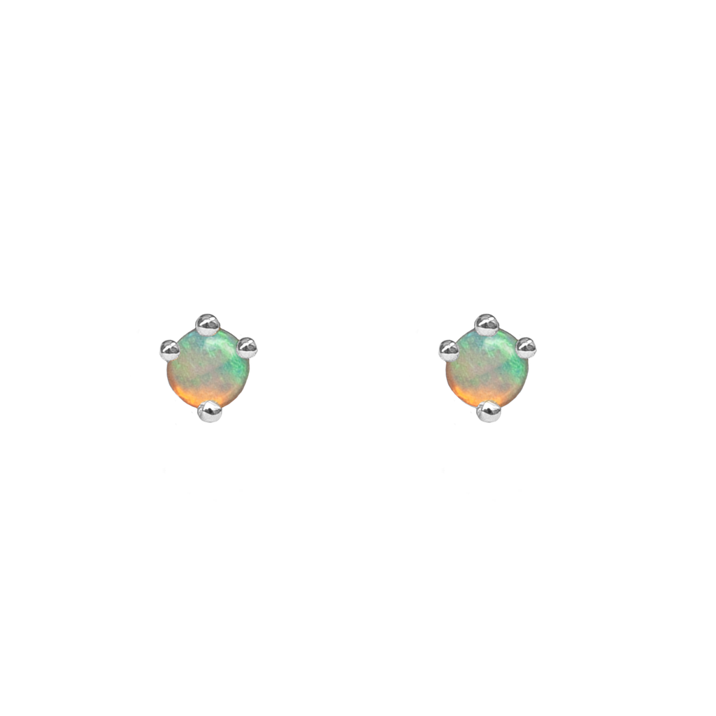 Opal earring studs, in a prong setting, made in 14k or 18k white gold.