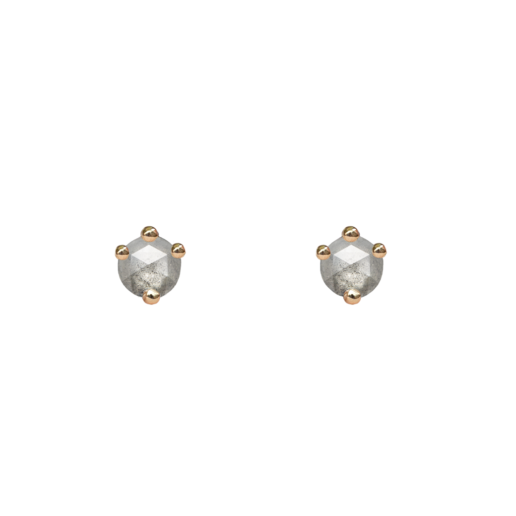 Salt and pepper round rose cut diamond earring studs, in a prong setting, made in 14k or 18k gold.