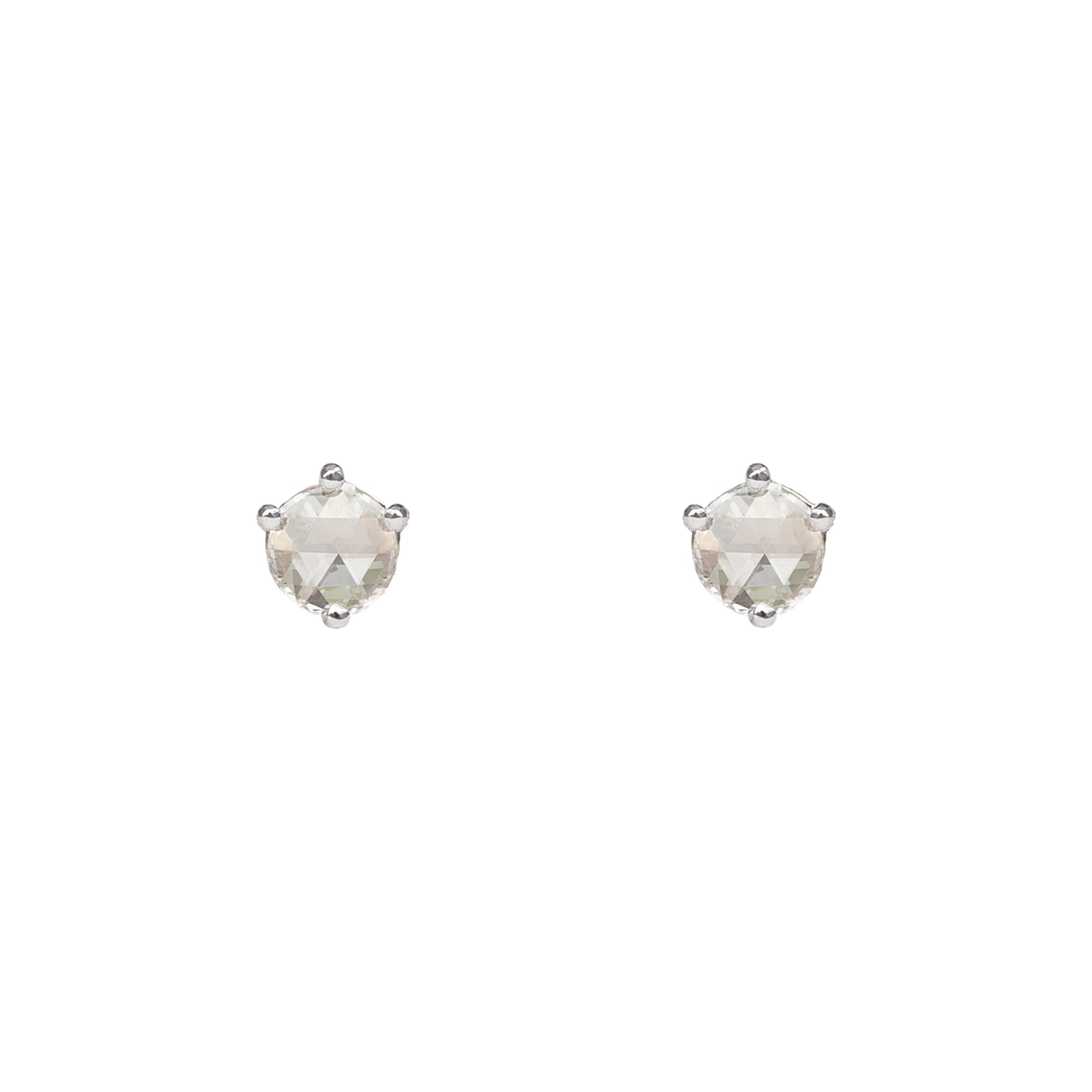 Round rose cut diamond earring studs, in a prong setting, made in 14k or 18k gold.