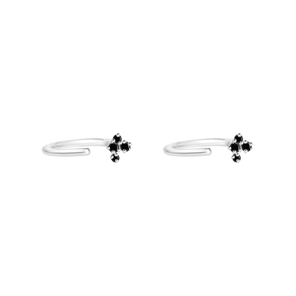 Delicate backless black diamond earring studs, perfect everyday earring studs, with a cluster of round diamonds in 14k or 18k white gold.