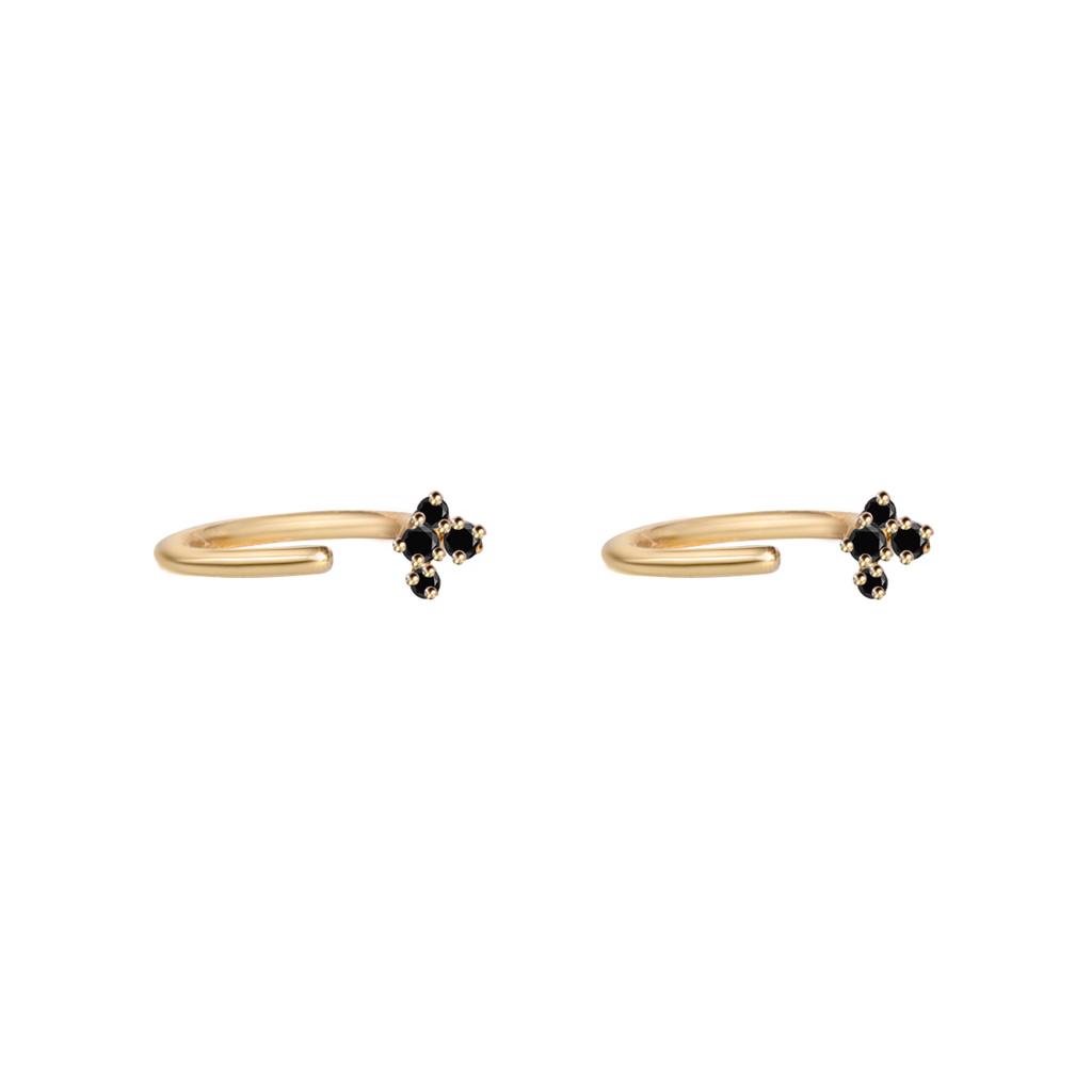 Delicate backless black diamond earring studs, perfect everyday earring studs, with a cluster of round diamonds in 14k or 18k yellow gold.