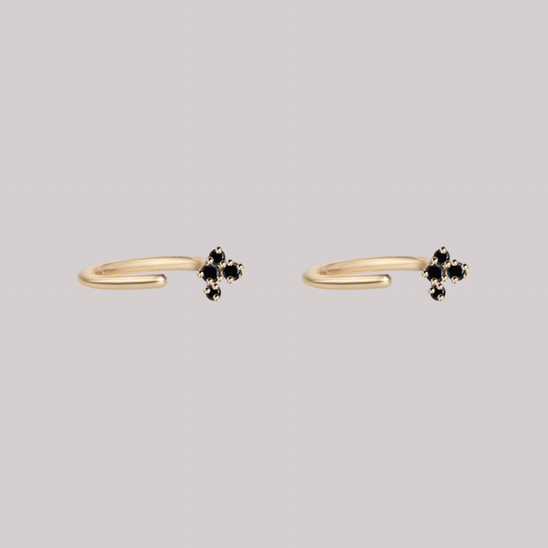 Delicate backless black diamond earring studs, perfect everyday earring studs, with a cluster of round diamonds in 14k or 18k yellow gold.